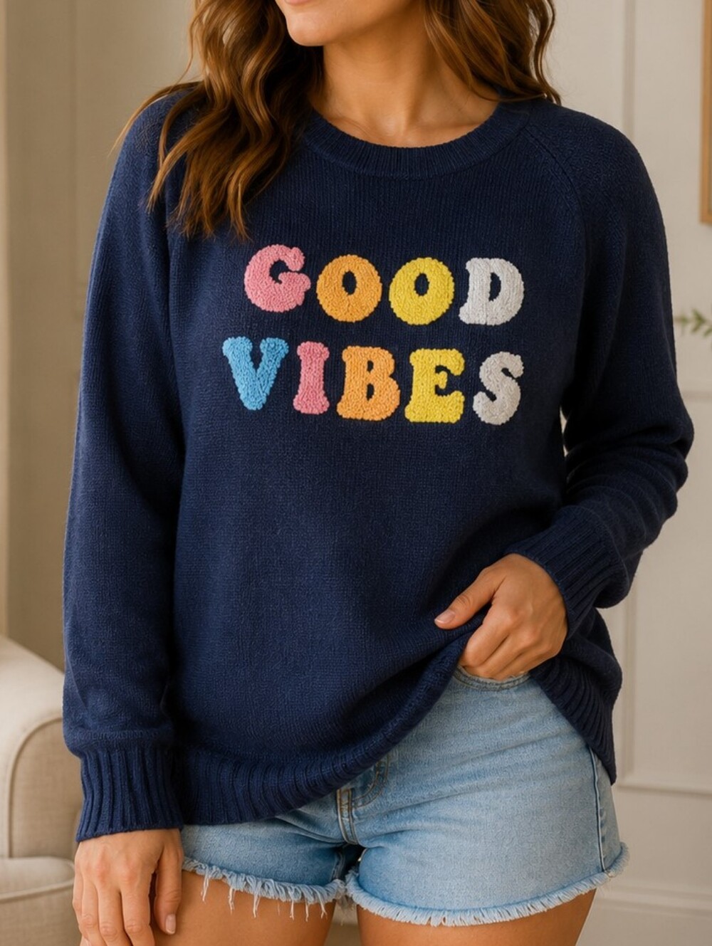 WILDFOX | Women's Navy Blue Good Vibes Text Pullover Sweater Size S